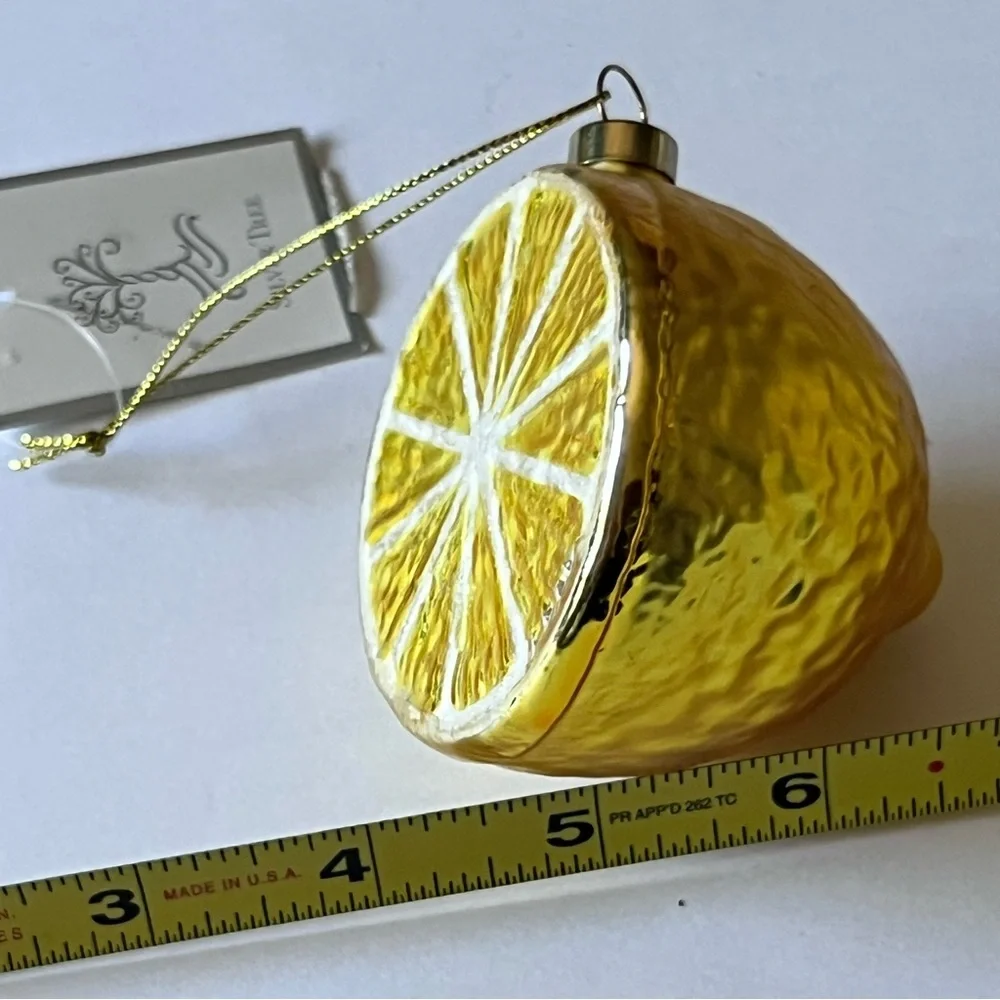 SILVER TREE HALF LEMON GLASS CHRISTMAS ORNAMENT YELLOW 3” NWT